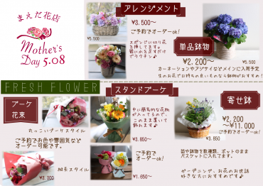 母の日ご予約お待ちしてます♪｜「フラワーショップまえだ」　（兵庫県たつの市の花キューピット加盟店 花屋）のブログ
